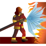 Vector image of helmeted firefighter battles flames