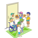 Group of kids with hats in front of door vector illustration