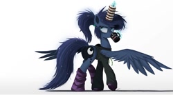 Size: 1202x665 | Tagged: safe, artist:ncmares, princess luna (mlp), alicorn, equine, fictional species, mammal, pony, feral, friendship is magic, hasbro, my little pony, coffee, doughnut, drinking, english text, female, food, fur, herbivore, horn, irony, mare, simple background, solo, solo female, spread wings, tail, text, ungulate, white background, wings