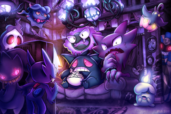 Size: 1000x667 | Tagged: safe, artist:ifus, oc, animate object, banette, chandelure, cofagrigus, duskull, fictional species, gastly, gengar, ghost, haunter, lampent, litwick, misdreavus, pumpkaboo, sableye, undead, anthro, feral, semi-anthro, nintendo, pokémon, 2019, couch, group, irony, large group, popcorn, tv