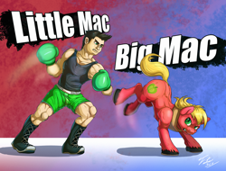 Size: 900x684 | Tagged: safe, artist:tsitra360, big macintosh (mlp), little mac (punch-out), earth pony, equine, fictional species, human, mammal, pony, feral, friendship is magic, hasbro, my little pony, nintendo, punch-out (series), 2d, bottomwear, bucking, clothes, crossover, duo, duo male, fighting, irony, male, males only, middle mac, namesake, pants, pun, shorts, sports shorts, stallion, ungulate