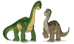 Size: 1156x691 | Tagged: safe, artist:revheadarts, rhett (the land before time), shorty (the land before time), apatosaurus, brachiosaurus, dinosaur, sauropod, feral, sullivan bluth studios, the land before time, universal pictures, 2023, 2d, blue eyes, brown body, duo, duo male, green body, green eyes, irony, male, males only, nervous, older, raised leg, simple background, standing, transparent background, unamused