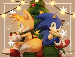 Size: 2048x1571 | Tagged: safe, artist:q__sci2, miles "tails" prower (sonic), sonic the hedgehog (sonic), canine, eulipotyphlan, fox, hedgehog, mammal, anthro, sega, sonic the hedgehog (series), 2024, anthro/anthro, christmas, clothes, duo, holiday, lights, male, male/male, plant, present, scarf, shipping, smiling, sontails (sonic), tree