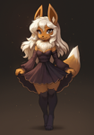 Size: 900x1286 | Tagged: safe, artist:yasmil, eevee, eeveelution, fictional species, mammal, anthro, digitigrade anthro, nintendo, pokémon, 2024, bottomwear, breasts, clothes, digital art, dress, ears, eyelashes, female, fluff, fur, hair, legwear, neck fluff, simple background, solo, solo female, stockings, tail, thighs, wide hips