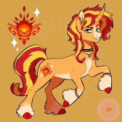 Size: 1280x1280 | Tagged: safe, artist:dragonkkphagon, sunset shimmer (mlp), equine, fictional species, mammal, pony, unicorn, feral, friendship is magic, hasbro, my little pony, 2025, curved horn, ear piercing, female, green eyes, hair, hooves, horn, jewelry, lip piercing, mane, mare, necklace, piercing, redesign, solo, solo female, tail, unshorn fetlocks