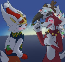 Size: 1680x1600 | Tagged: safe, artist:ramunerichy, cinderace, fictional species, lycanroc, mammal, midnight lycanroc, semi-anthro, nintendo, pokémon, 2024, ambiguous gender, ambiguous only, butt, christmas, christmas lights, digital art, duo, duo ambiguous, ears, eyebrows, fur, hair, holiday, lights, open mouth, rear view, sharp teeth, short tail, starter pokémon, tail, teeth, tongue