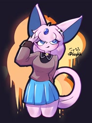 Size: 3000x4000 | Tagged: safe, artist:poxyhh, eeveelution, espeon, fictional species, mammal, anthro, nintendo, pokémon, 2025, bottomwear, breasts, clothes, digital art, ears, female, fur, hair, looking at you, shirt, simple background, skirt, solo, solo female, tail, thighs, topwear, wide hips