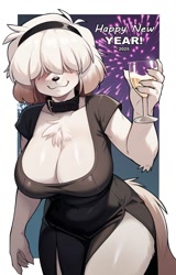 Size: 853x1336 | Tagged: suggestive, artist:csnuft, oc, oc:mika (csnuft), canine, dog, mammal, anthro, 2025, alcohol, big breasts, bottomwear, breasts, champagne, champagne glass, cleavage, clothes, collar, dress, female, hair, hair over eyes, hairband, holiday, looking at you, new year, side slit, smiling, smiling at you, solo, solo female, text, total sideslit