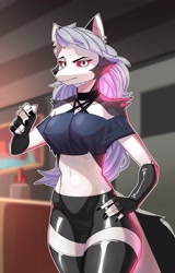 Size: 2618x4096 | Tagged: safe, artist:miscuitsxd, loona (vivzmind), canine, fictional species, hellhound, mammal, anthro, hazbin hotel, helluva boss, big breasts, bottomwear, breasts, choker, cleavage, clothes, colored sclera, ear piercing, female, fingerless gloves, gloves, legwear, looking at you, midriff, piercing, red sclera, short shorts, shorts, solo, solo female, thigh highs, tube top