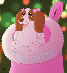 Size: 2400x2600 | Tagged: safe, artist:thatblackfox, canine, dog, english springer spaniel, mammal, spaniel, 2025, 2d, bow, christmas, clothes, female, freckles, hair accessory, hair bow, holiday, legwear, lights, ribbon, stockings, twin bows