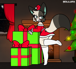 Size: 2750x2500 | Tagged: safe, artist:soulwax-art, oc, oc:kenta (soulwax-art), cat, feline, mammal, cat ears, cat tail, christmas, christmas lights, christmas tree, clothes, conifer tree, costume, dress, female, fireplace, gift box, hat, headwear, holiday, legwear, lights, off shoulder, one leg raised, raised leg, santa costume, santa dress, santa hat, solo, solo female, thigh highs, tree, white thigh highs, wide hips