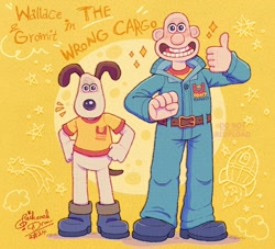 Size: 1100x1000 | Tagged: safe, artist:01_reihanehdraw, gromit (wallace and gromit), wallace (wallace and gromit), canine, dog, human, mammal, semi-anthro, aardman animations, wallace and gromit, boots, clothes, crossover, duo, duo male, footwear, jumpsuit, looking at you, male, males only, mouthwashing, shirt, shoes, smiling, smiling at you, thumbs up, topwear