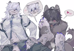 Size: 2048x1414 | Tagged: suggestive, artist:viosgit, big cat, canine, feline, mammal, snow leopard, wolf, anthro, 2024, duo, duo male, foot worship, male, males only