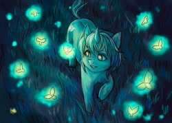 Size: 700x500 | Tagged: safe, artist:fomminator, lyra heartstrings (mlp), arthropod, equine, fictional species, firefly, insect, mammal, pony, unicorn, friendship is magic, hasbro, my little pony, 2025, female, grass, grass field, horn, lights, mare, night, night sky, open mouth, open smile, outdoors, sky, smiling, solo, solo female, teeth, walking