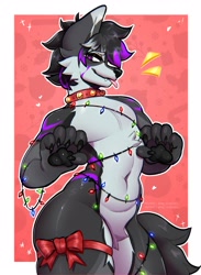 Size: 2927x4000 | Tagged: suggestive, artist:goop_original, canine, mammal, wolf, anthro, christmas lights, lights, male, solo, solo male, twink