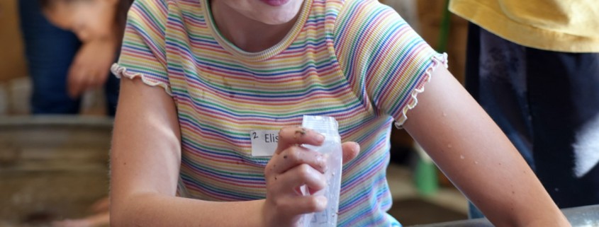 A person holding a plastic bag and reaching into the water to collect rocks.