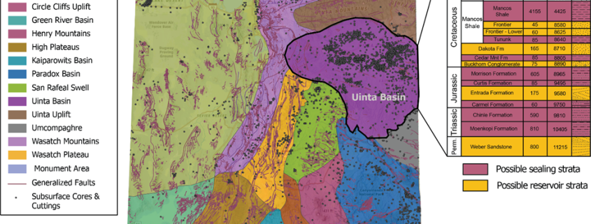 Map of Utah showing ‘Geo-Regions,’ which represent areas in Utah with similar geologic histories, basin histories, and/or structural styles. Each Geo-Region will be evaluated for carbon storage potential. Right of map: An example stratigraphic column of the eastern Uinta Basin, with several reservoir-seal pairs that may be suitable for carbon storage.