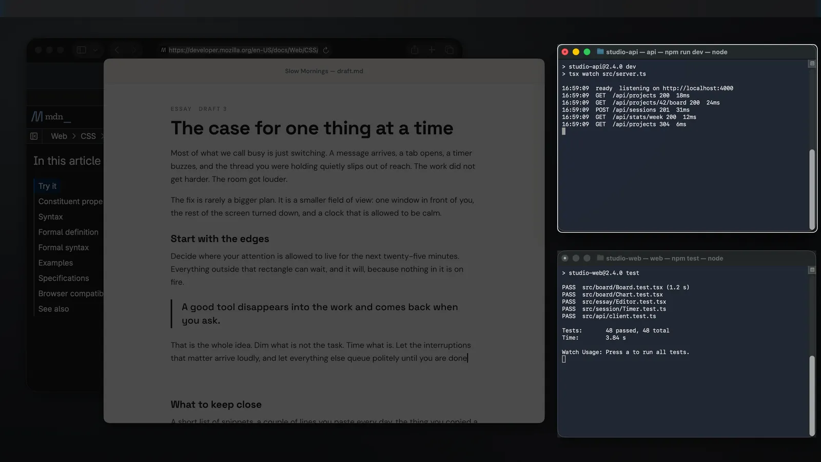 FocusDim App windows mode: both terminal windows stay bright while the document and browser are dimmed