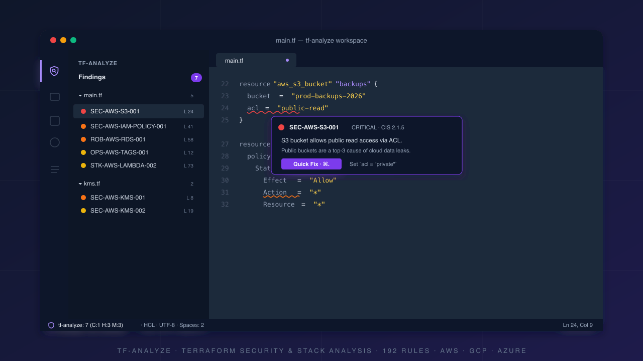 tf-analyze in action — Terraform security and stack analysis directly in your editor