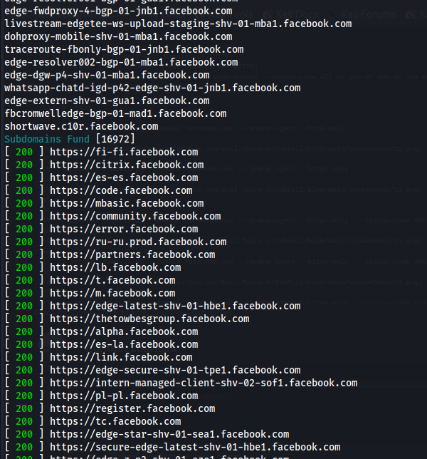 python3 SubEvil.py --domain facebook.com --random-agent --https-only  --status-code 200