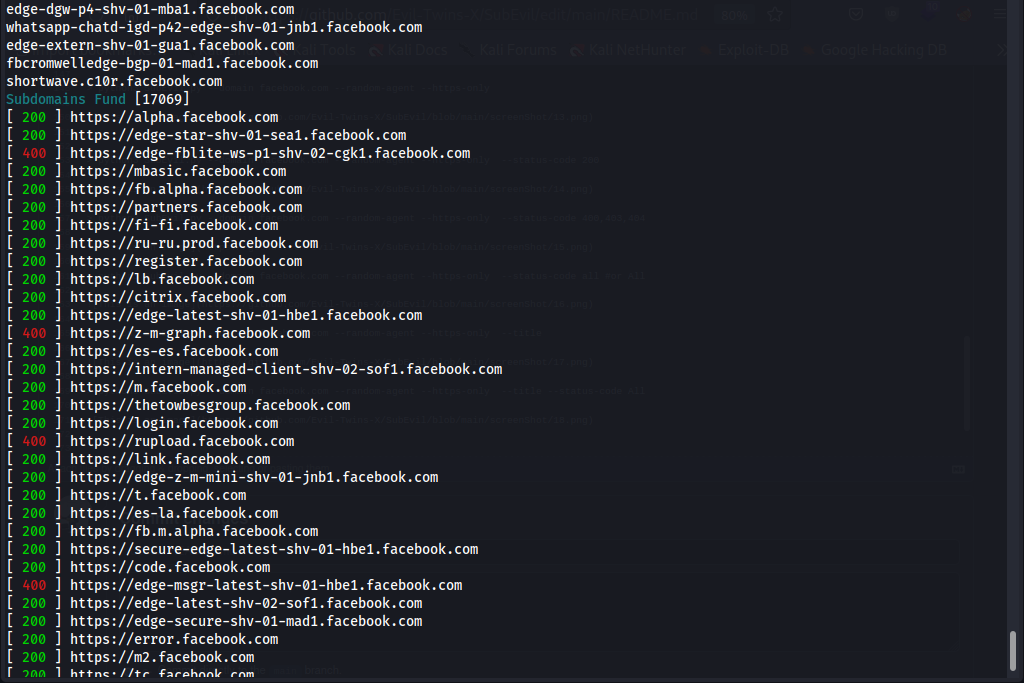 python3 SubEvil.py --domain facebook.com --random-agent --https-only  --status-code all #or All