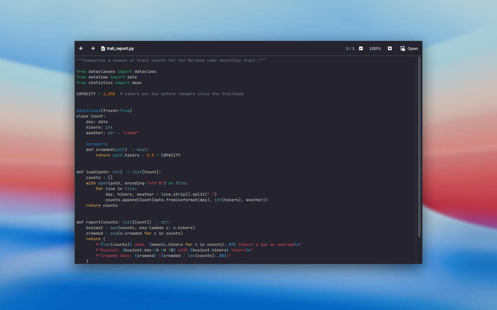 KPeek previewing Python code with syntax highlighting