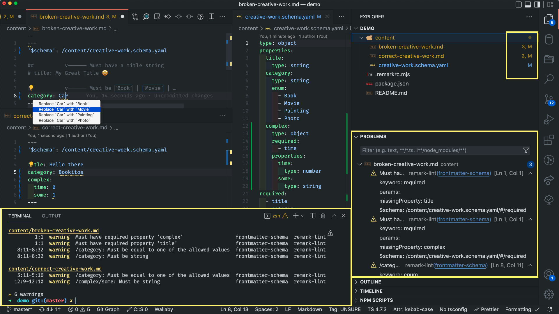 Demo screenshot of frontmatter schema linter 1