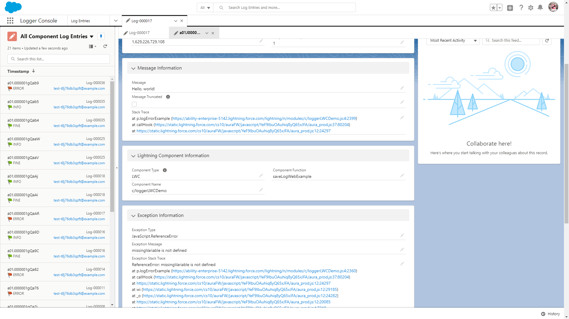 Component Log Entry Record