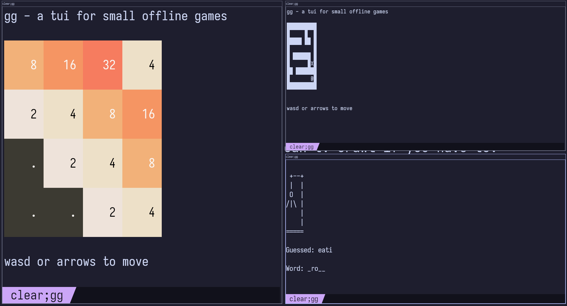 A screenshot of 2048, dodger, and a maze running in separate windows.