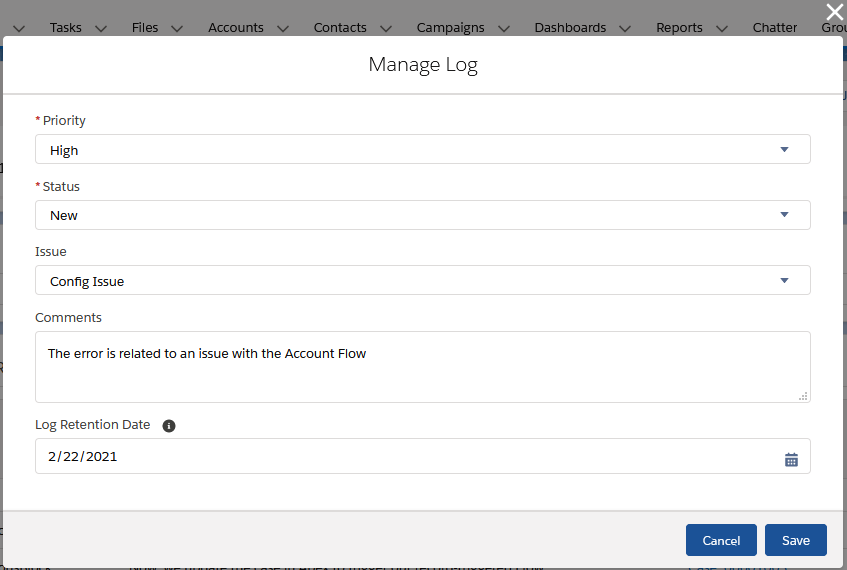 Manage Log QuickAction