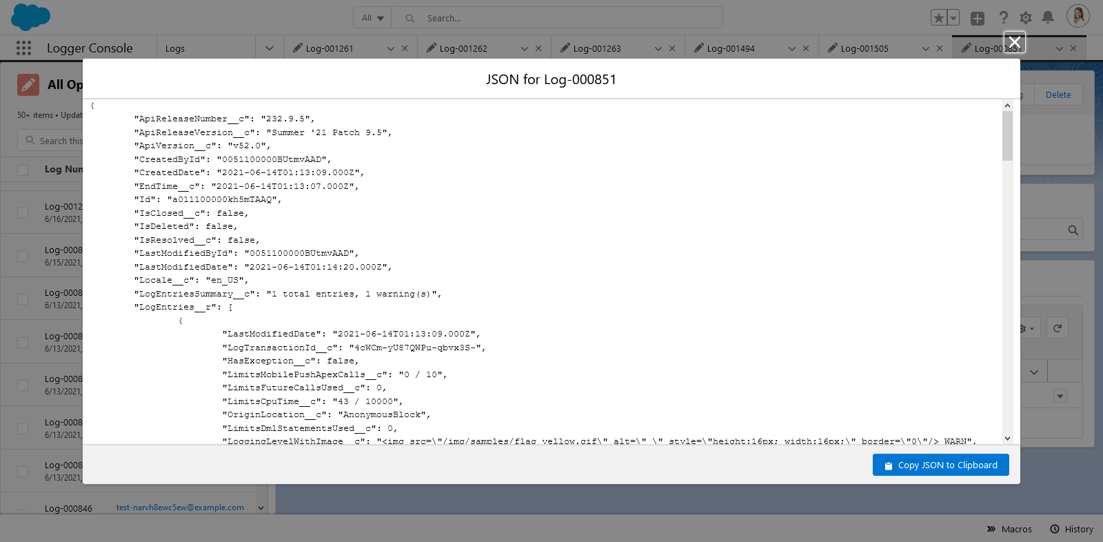 View JSON Log QuickAction