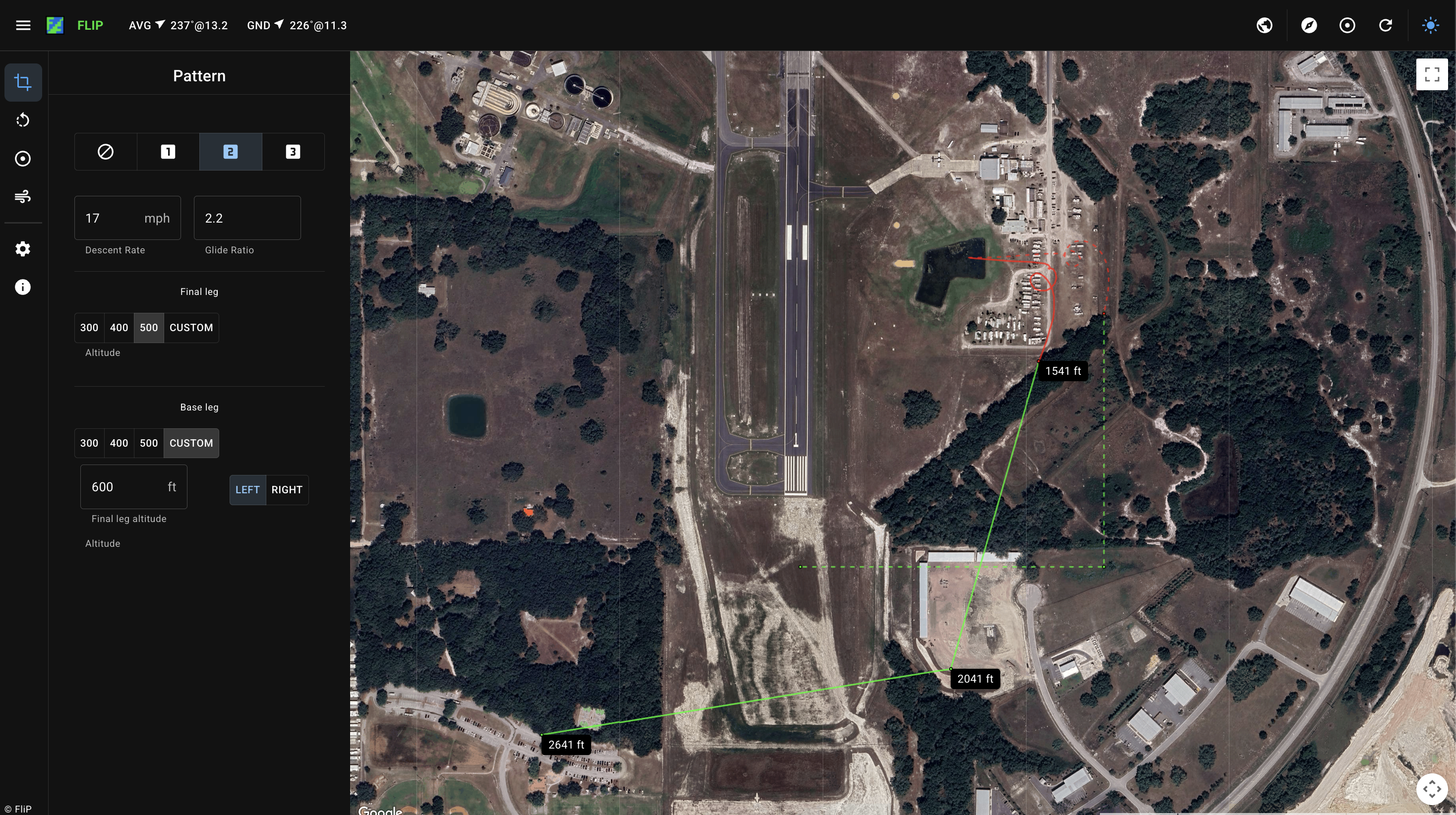 Example pattern and manoeuvre with wind correction
