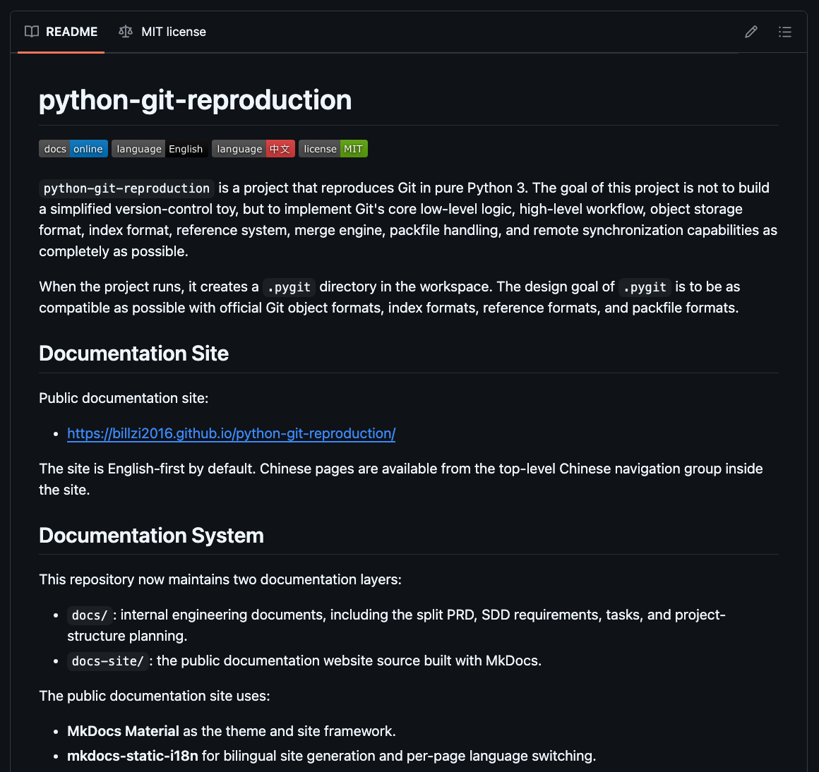 Repository README and documentation system for python-git-reproduction