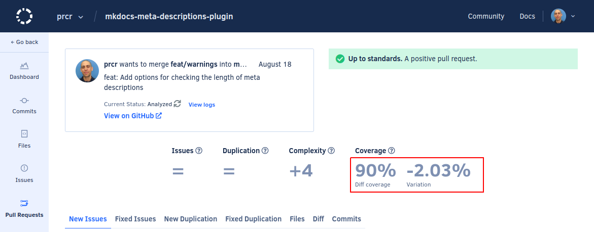 Coverage metrics displayed on Codacy