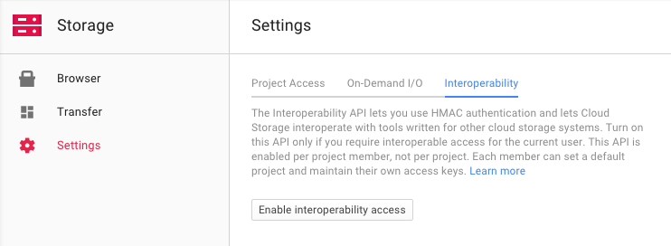 Google Cloud Storage Interoperability Settings