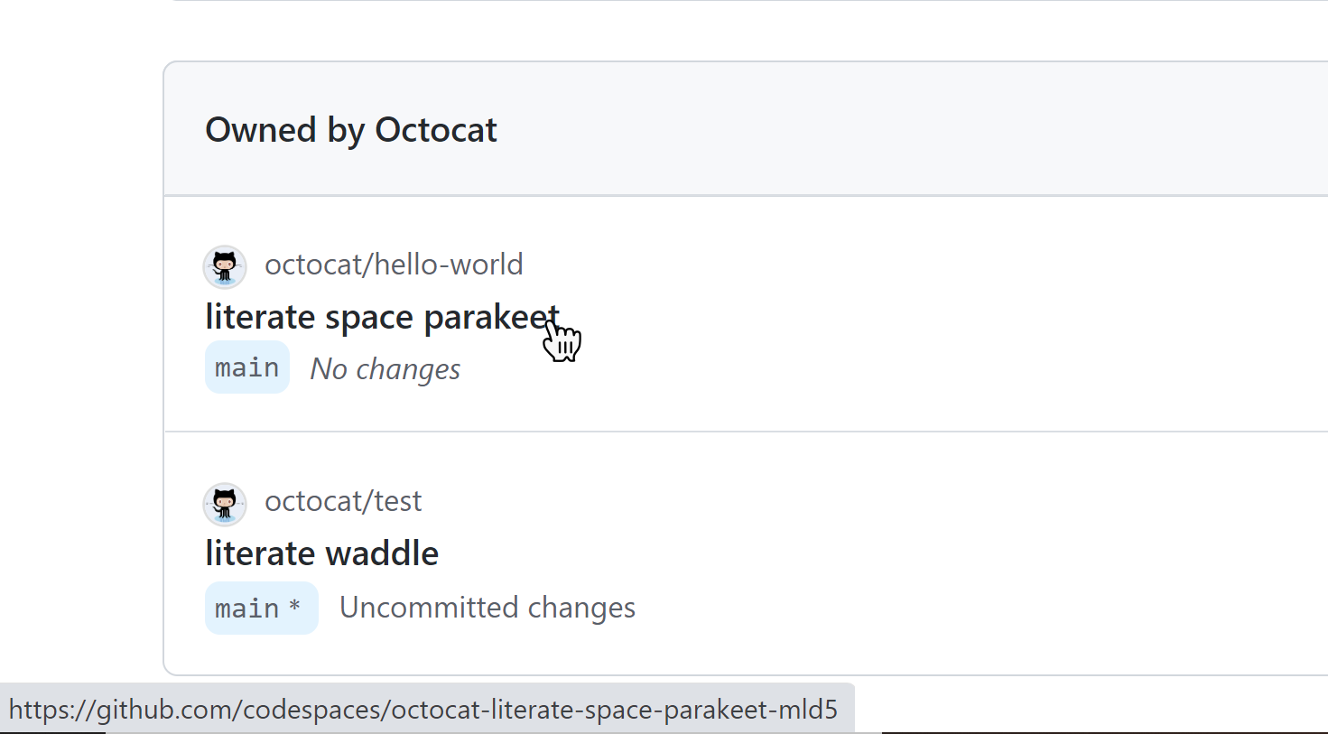 Screenshot of the codespace name shown on hover over