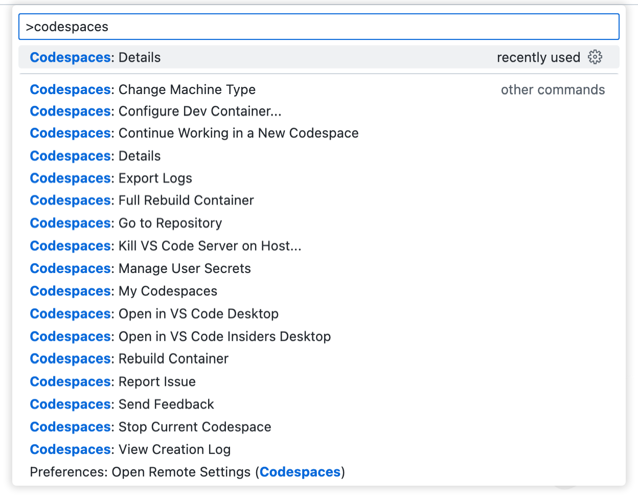 Screenshot of the Command Palette with "codespaces" entered. The dropdown lists all commands that relate to {% data variables.product.prodname_github_codespaces %}.