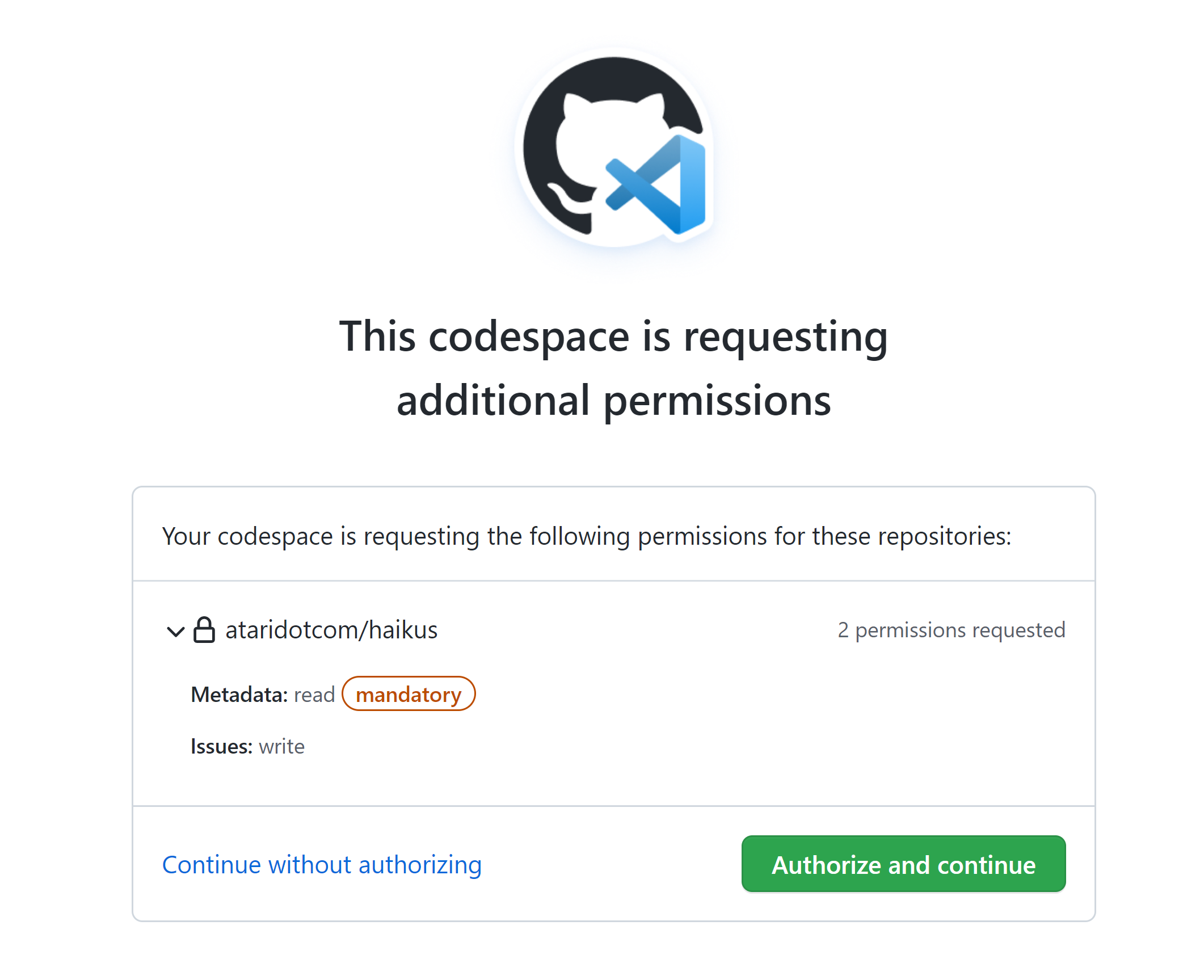 Screenshot of the requested permissions page. Two permissions are shown as requested: read permission for metadata and write permission for issues.