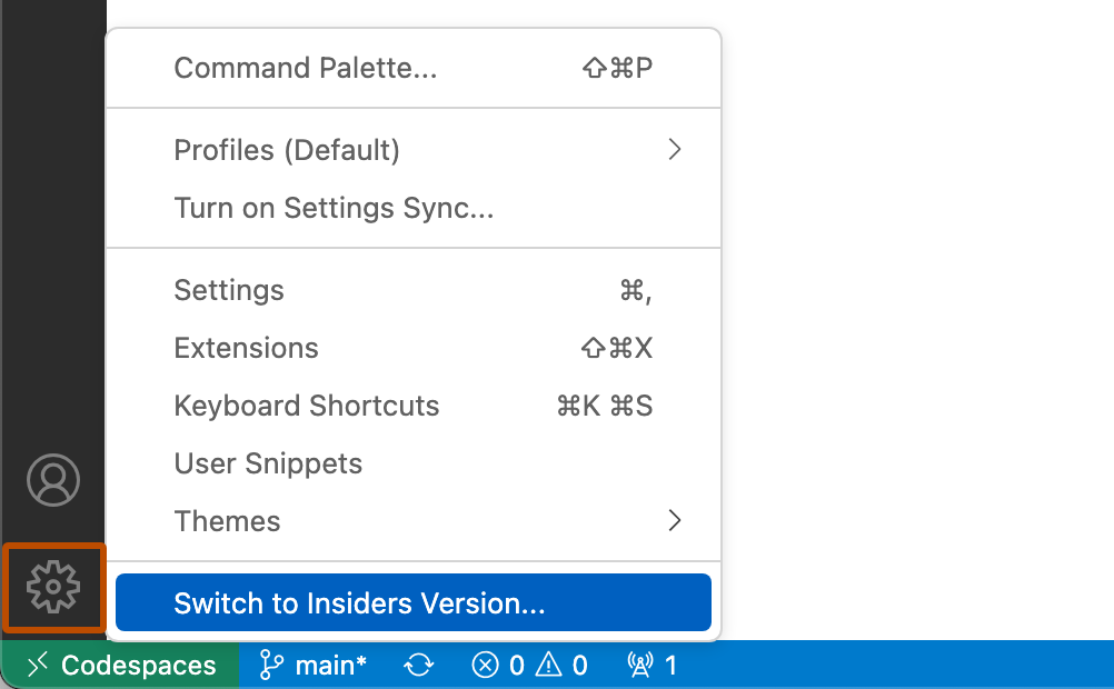 Screenshot of the {% data variables.product.prodname_vscode_shortname %} web client. A gear icon is highlighted with an orange outline. "Switch to Insiders Version" is shown in the menu.