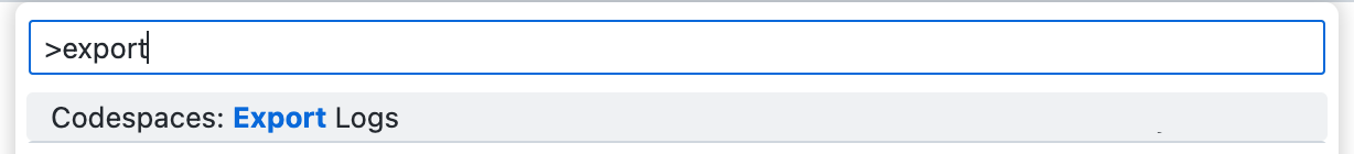 Screenshot of the Command Palette with the search text "export" and the option "Codespaces: Export Logs."