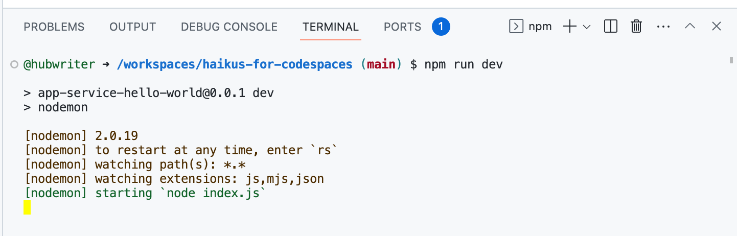 Screenshot of the Terminal in {% data variables.product.prodname_vscode_shortname %} with the "npm run dev" command entered.