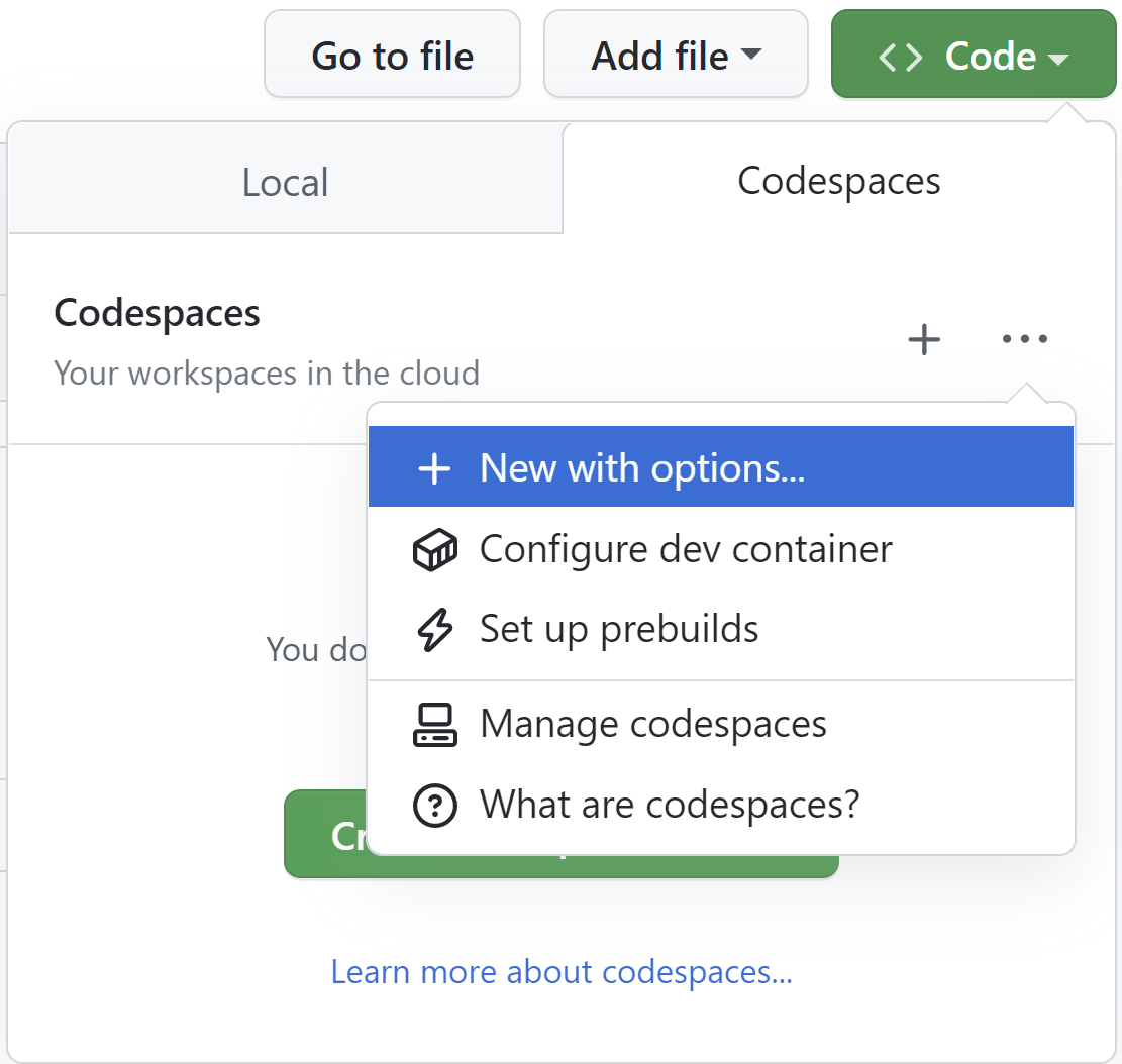 Screenshot of the options dropdown in the "{% data variables.product.prodname_codespaces %}" tab, with the option "New with options" highlighted.