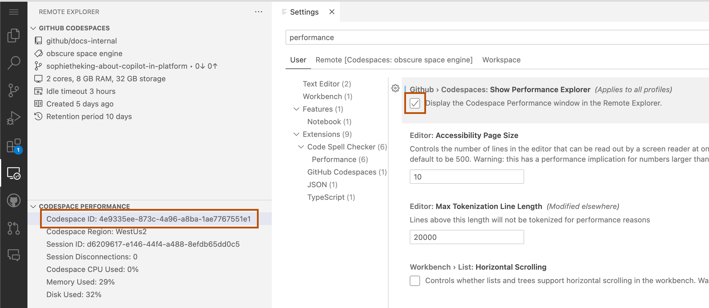 Screenshot of "Show Performance Explorer" selected in {% data variables.product.prodname_vscode_shortname %}'s "Settings" tab and a codespace ID highlighted in the "Remote Explorer" side bar.