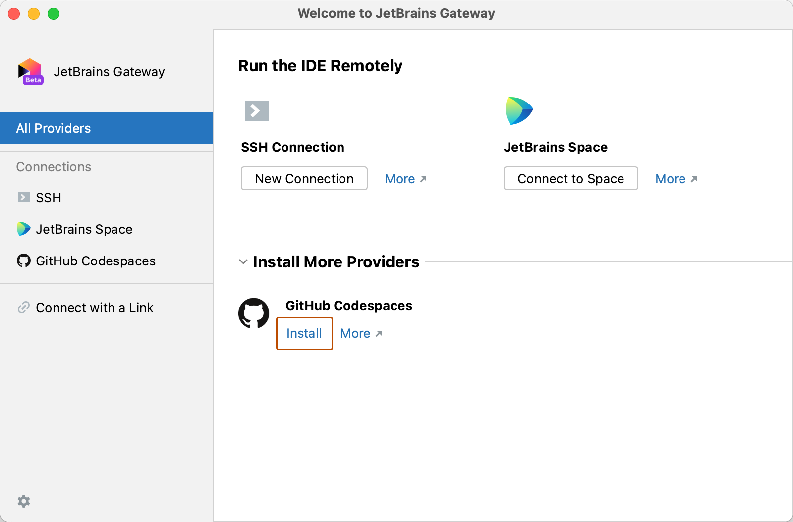 Screenshot of the "Welcome to JetBrains Gateway" page, with  "{% data variables.product.prodname_github_codespaces %}" listed under "Install More Providers."