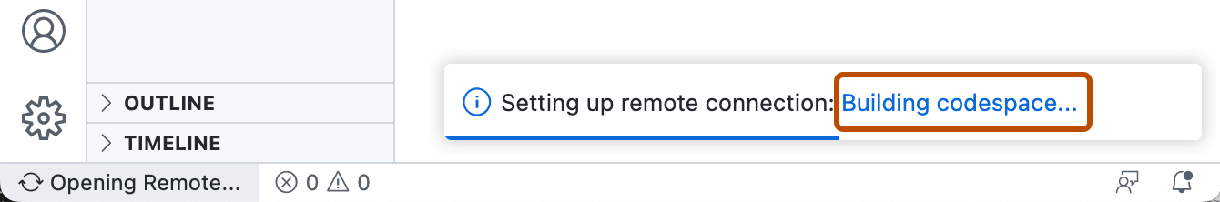 Screenshot of a popup message in {% data variables.product.prodname_vscode_shortname %}, reading "Setting up remote connection: Building codespace."