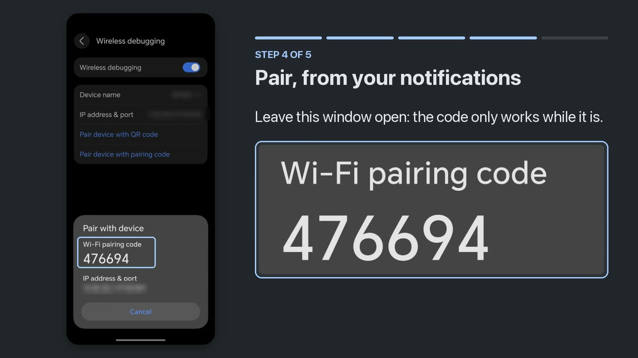 The setup video: the pairing code, in step 4