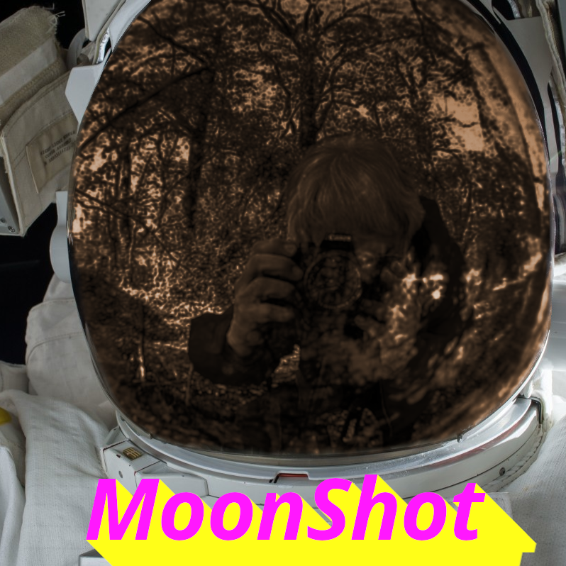 MoonShot cover art: an image of a camera reflected in an astronaut's helmet