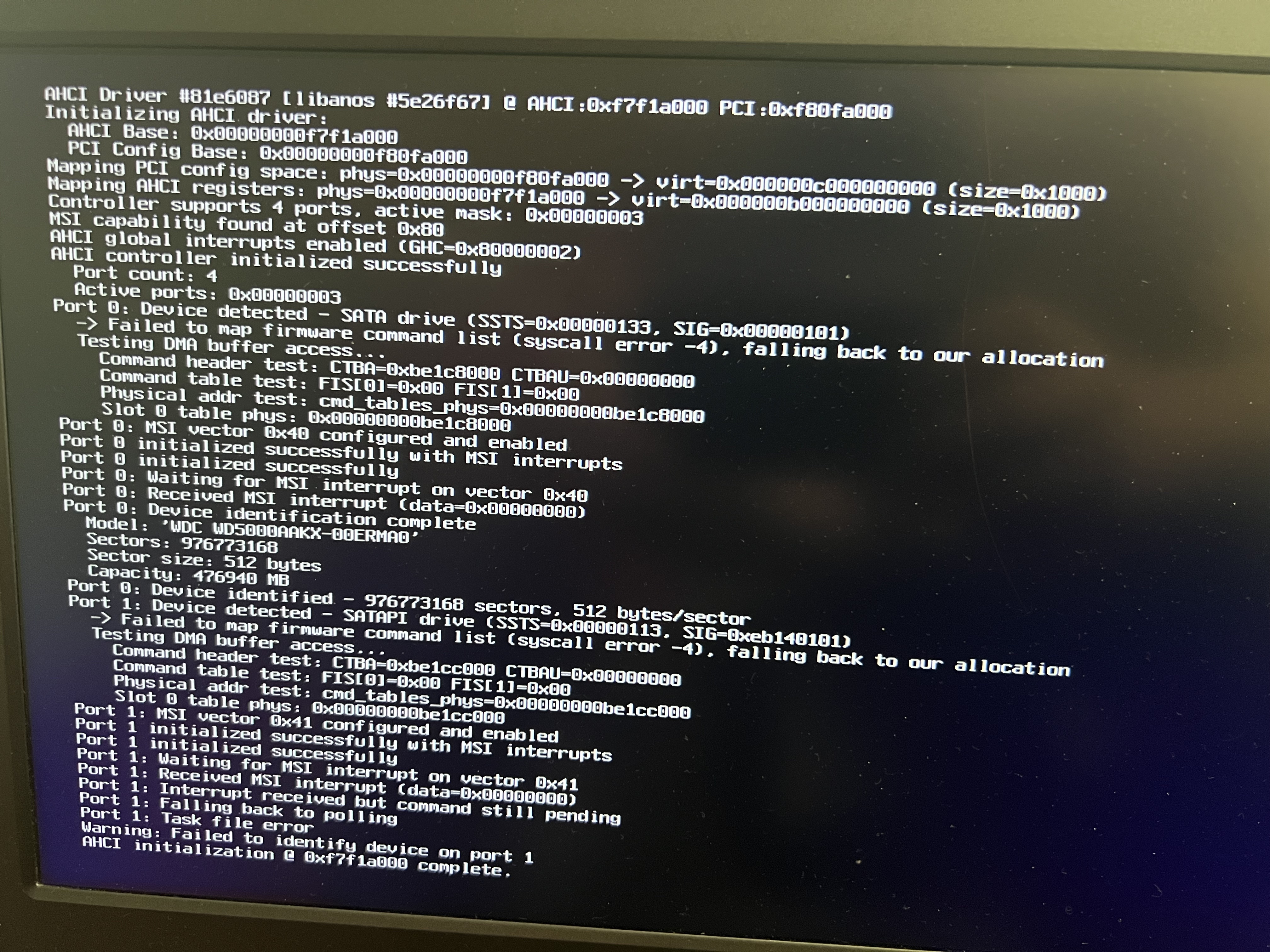 Anos AHCI driver init with debug output
