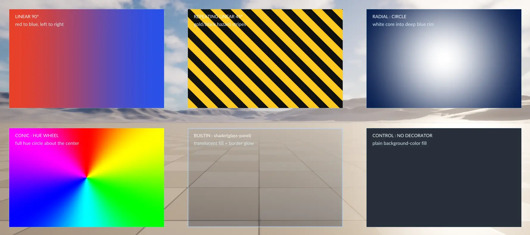 Six decorator panels: linear gradient, hazard stripes, radial gradient, conic hue wheel, a glass-panel shader and a plain control