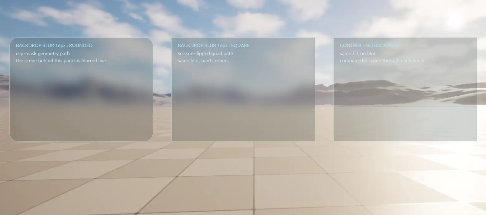 Three panels over an Unreal level: rounded backdrop blur, square backdrop blur, and an unblurred control